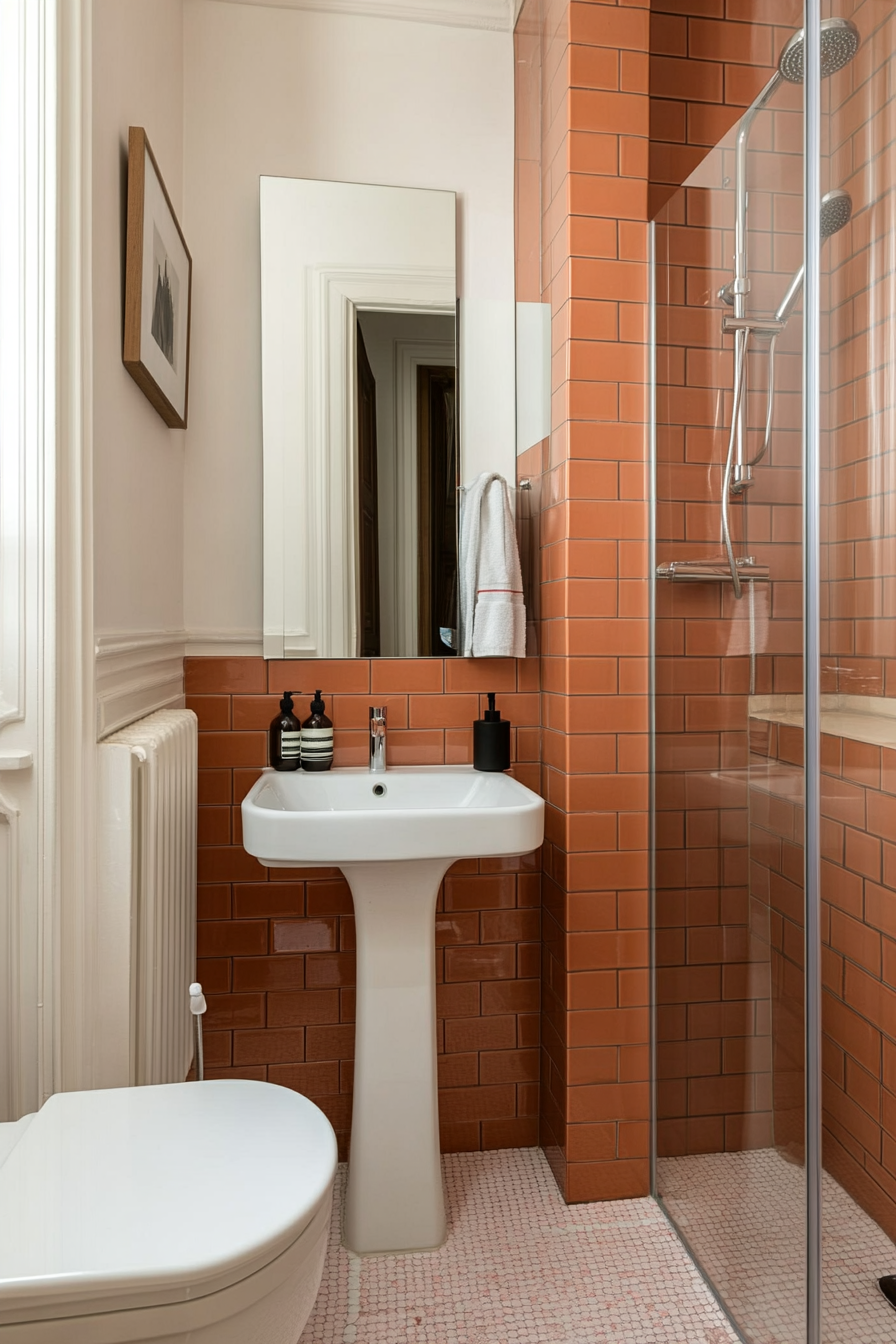 Bold pink tiles in the bathroom.