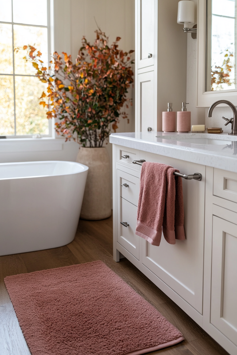 Coordinating pink accessories in the bathroom.