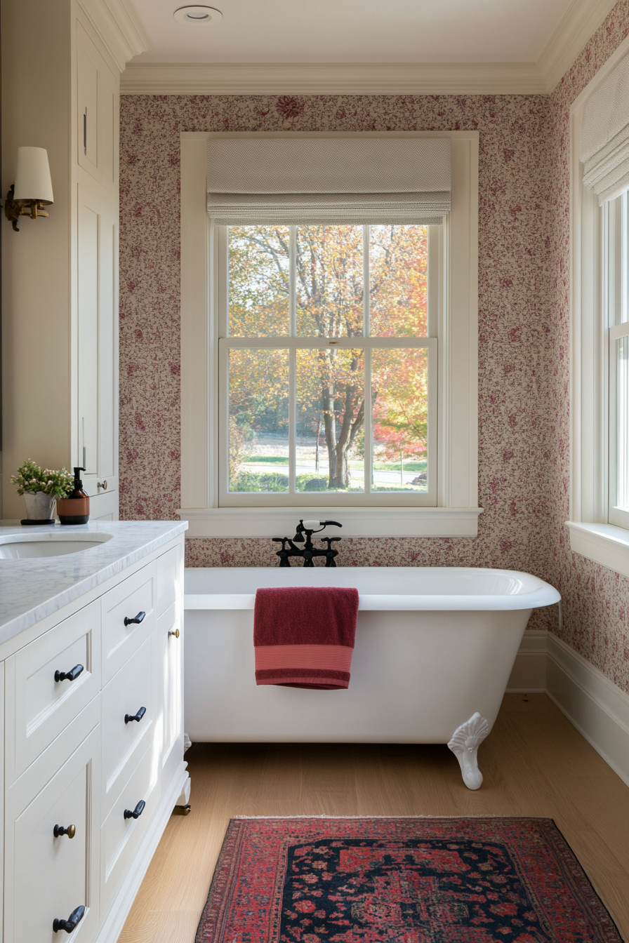 Bold pink wallpaper for a whimsical retreat.