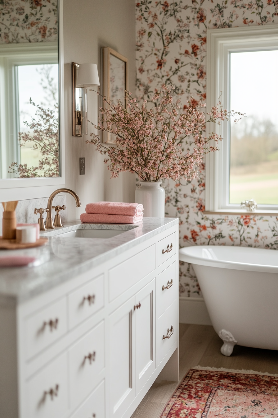 Balancing bold pink wallpaper with neutral fixtures.