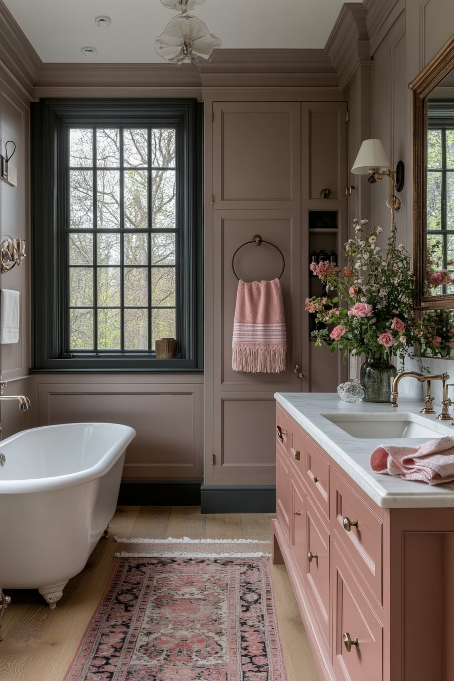 Coordinating pink and white accessories in the bathroom.