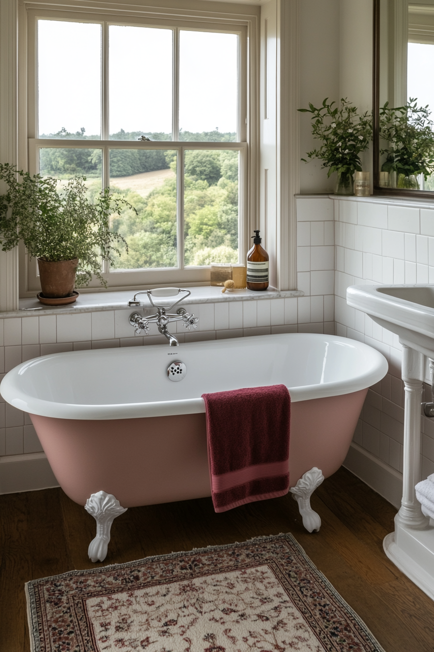 Coordinating pink bathtub with other pink elements.