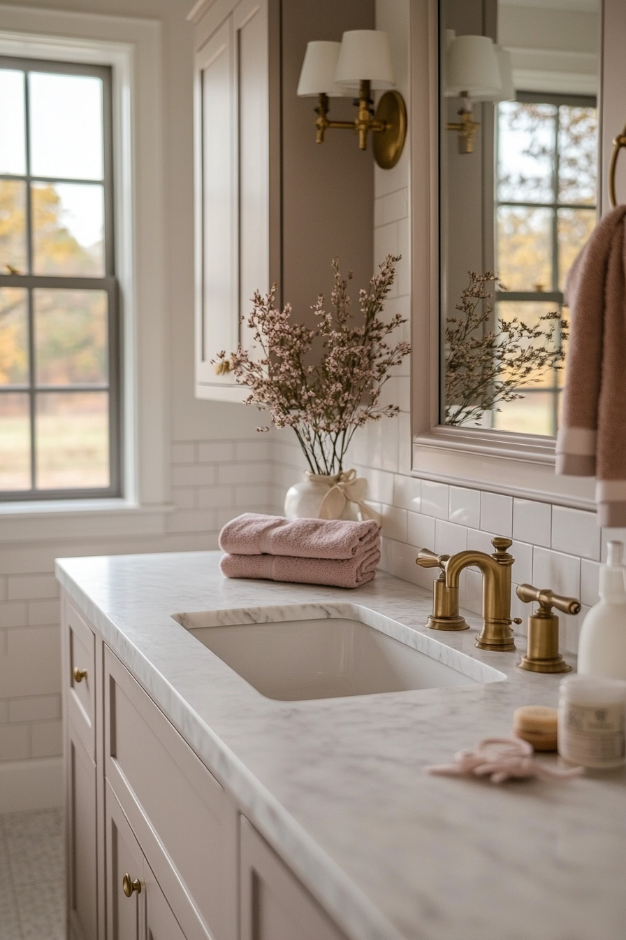 Coordinating pink vanity with other pink elements.