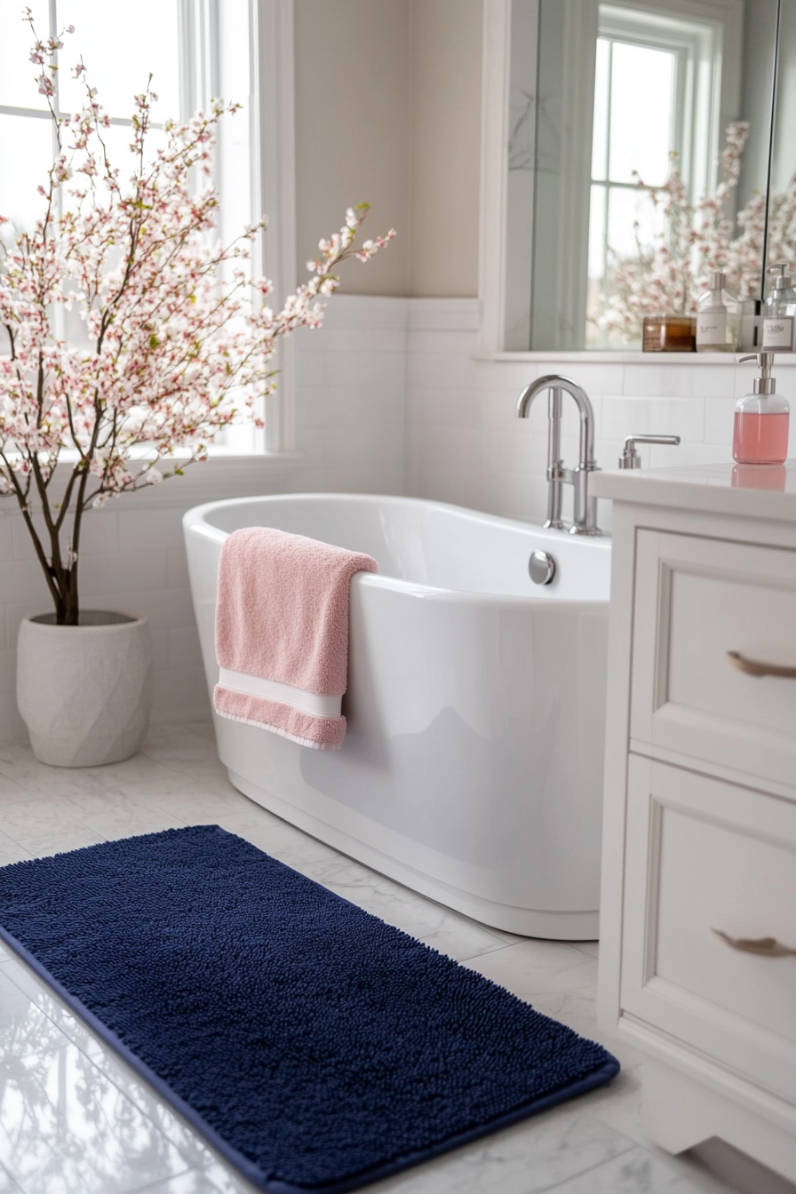 Layering different shades of pink in towels and linens.