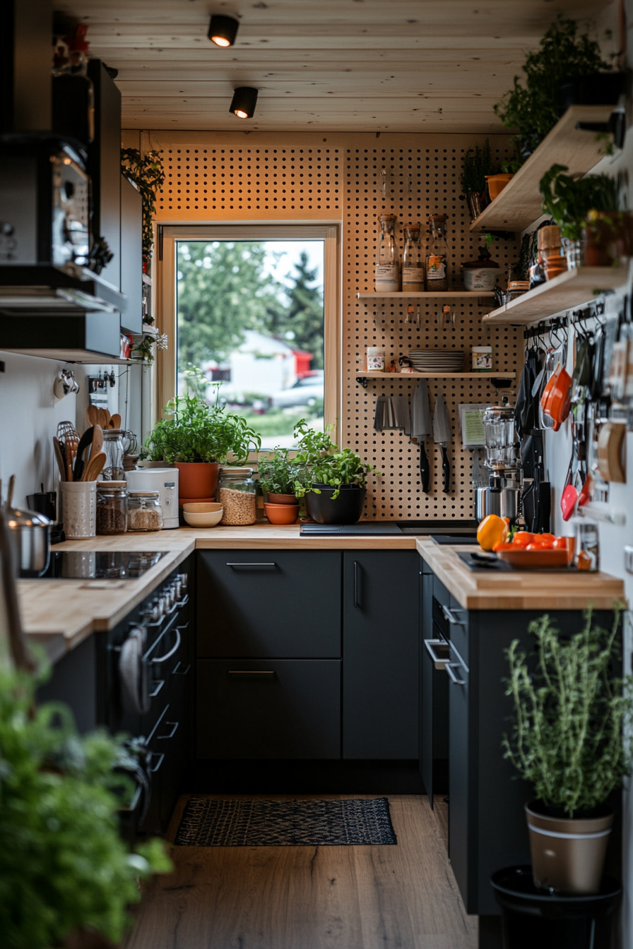 Hooks and pegboards for storage in a tiny home