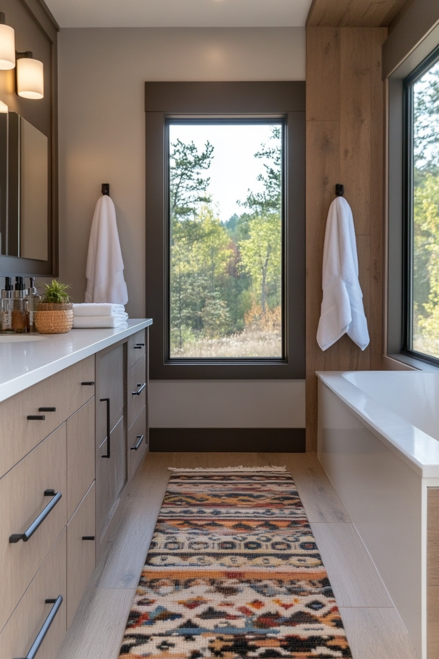 Hooks for towels and robes in a tiny home bathroom