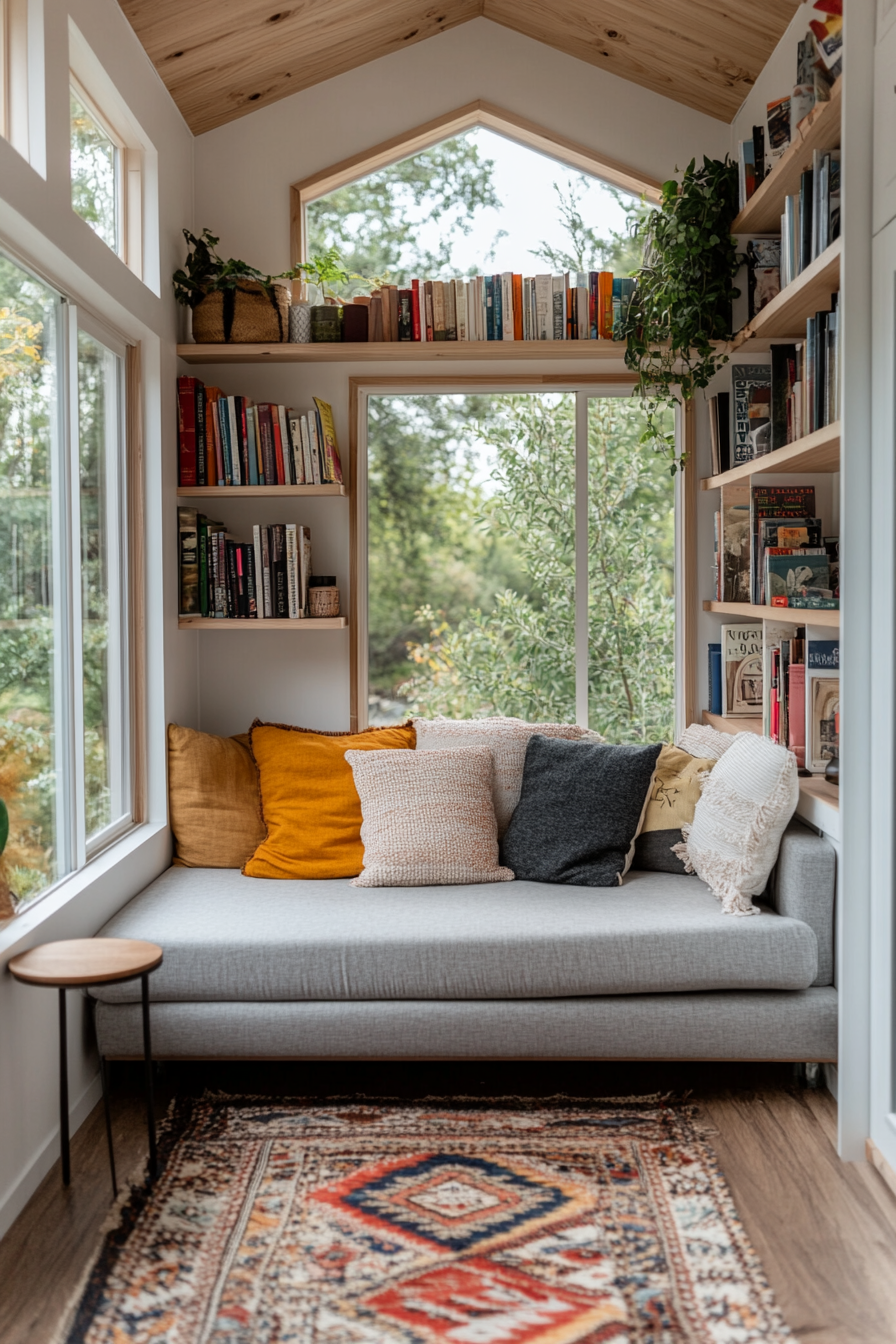 Open shelves in a tiny home kitchen