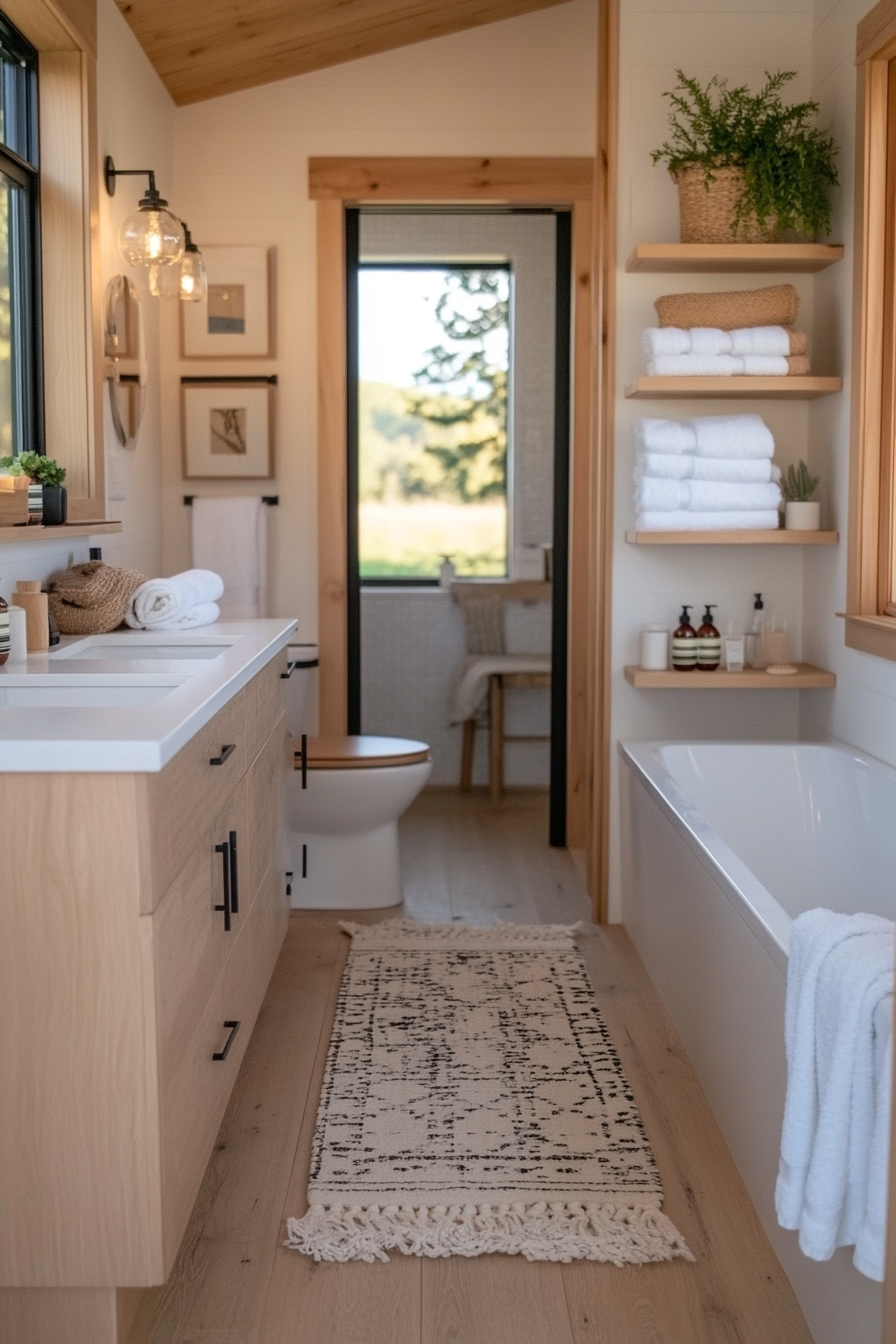 Open shelves for books and decor in a tiny home