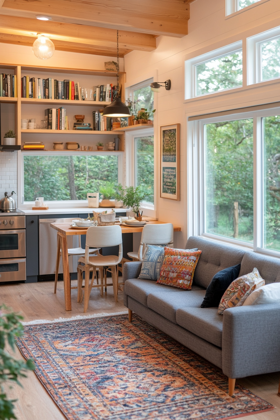 Rugs and lighting to delineate zones in a tiny home