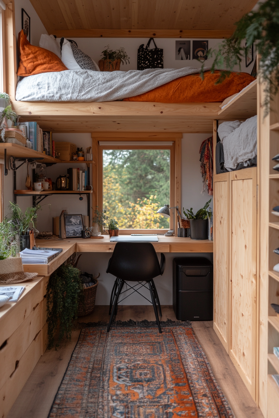 Furniture with built-in vertical storage in a tiny home
