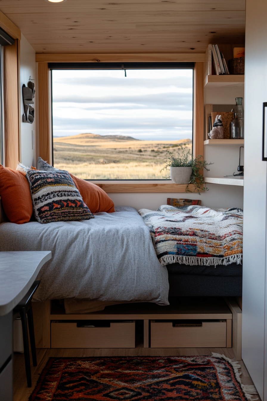 Storage ottomans and benches in a tiny home