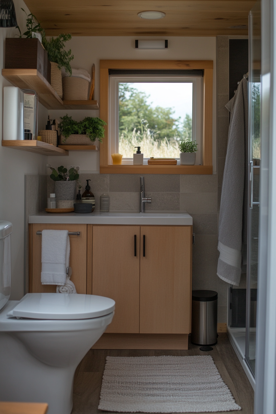 Recessed shelves in a tiny home bathroom