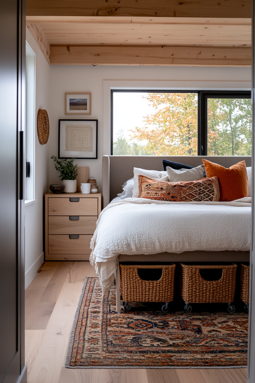 Drawers under the bed in a tiny home