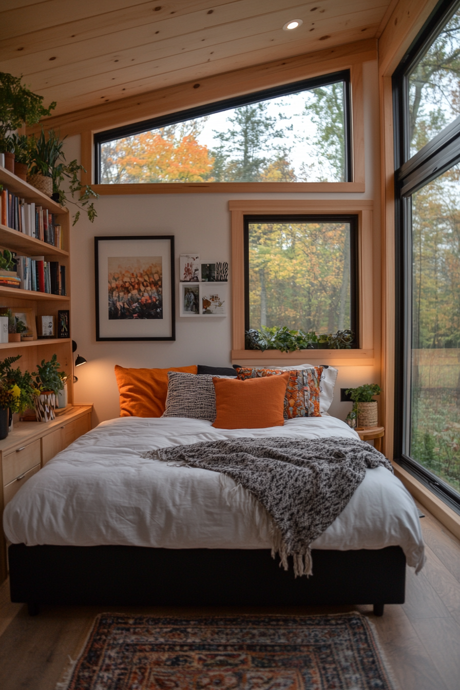 Lift-up bed frame for storage in a tiny home