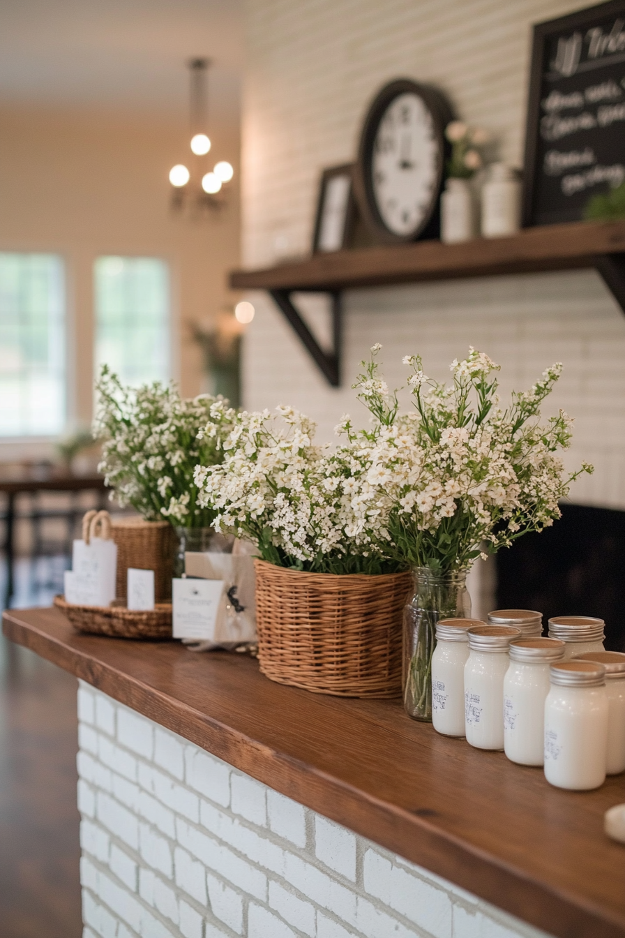 Rustic spring mantel with wooden beam and natural elements