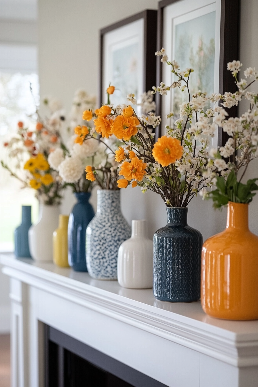 Fresh flowers and patterned ceramics on colorful mantel