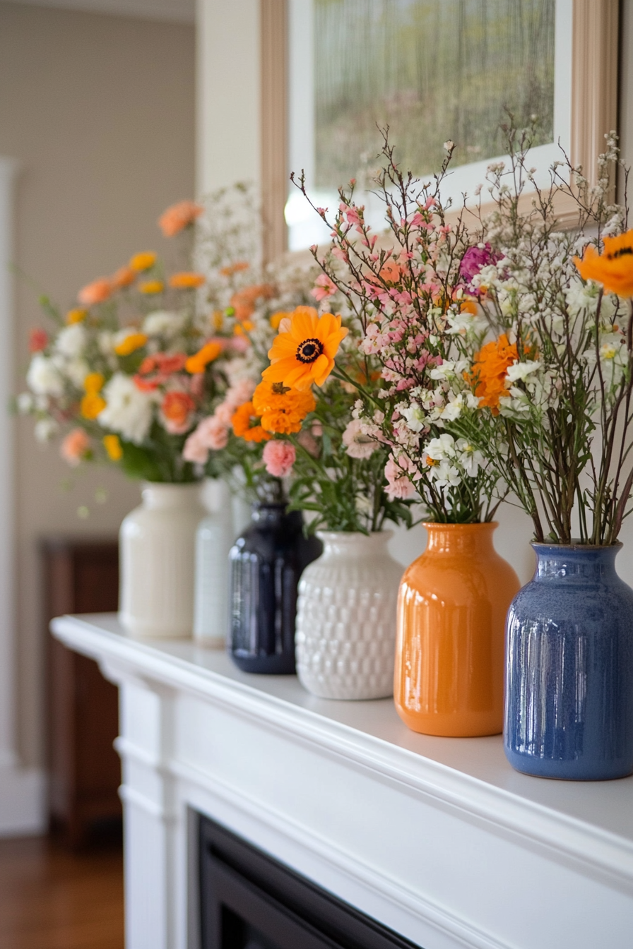 Bright colors and neutral elements on spring mantel