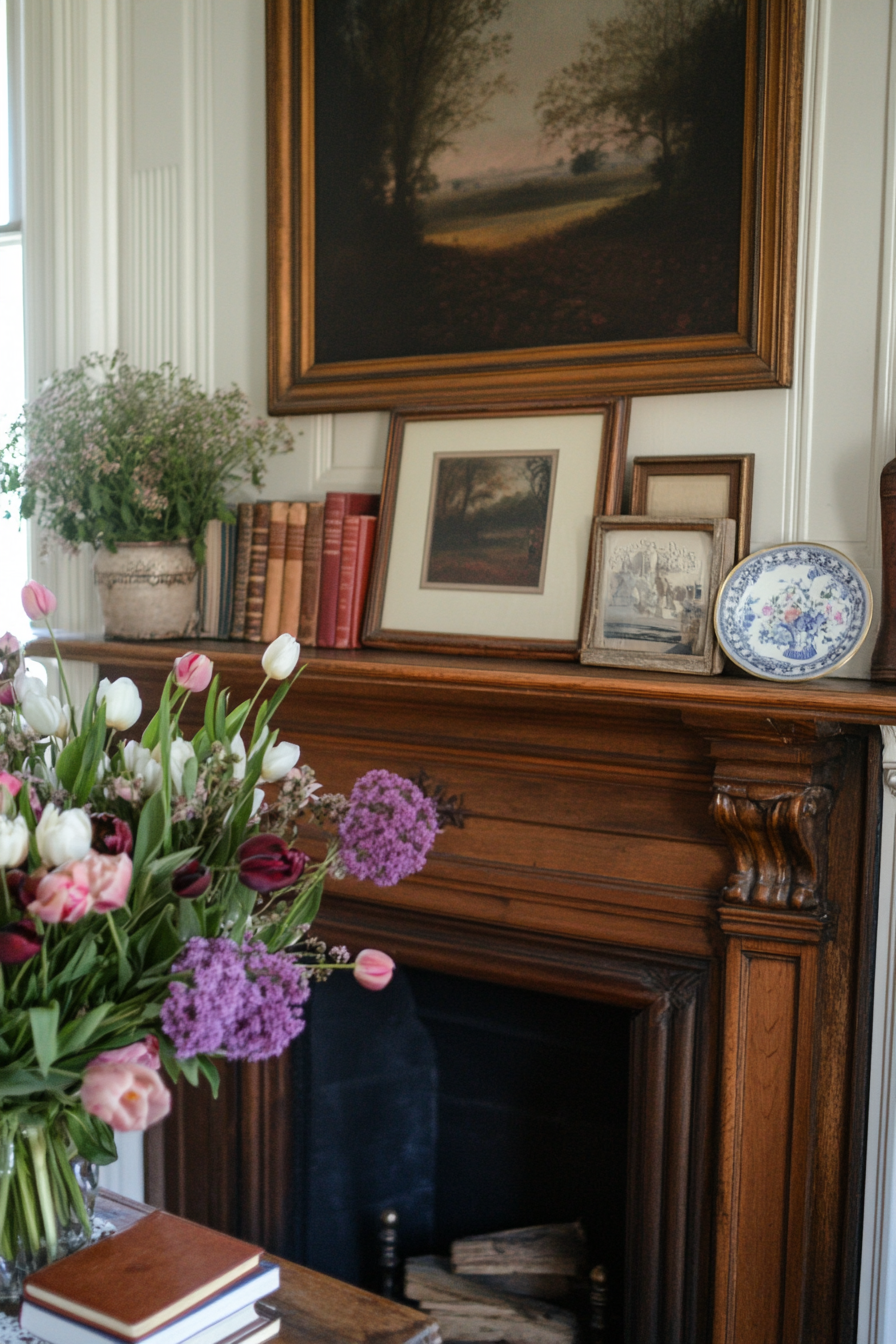 Vintage spring mantel with antique decor