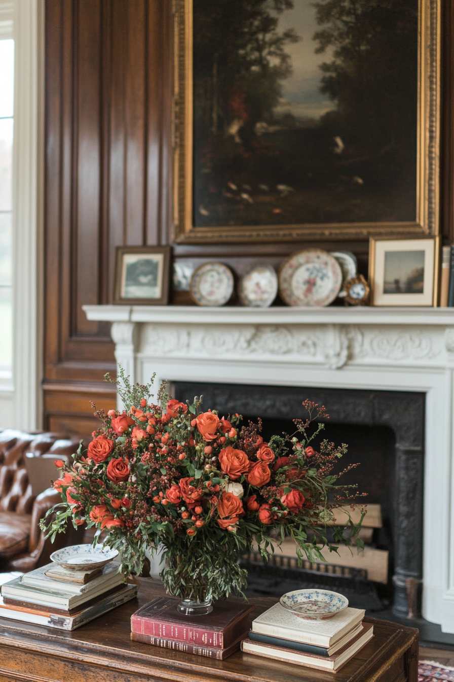 Vintage candlesticks and ceramic figurines on mantel