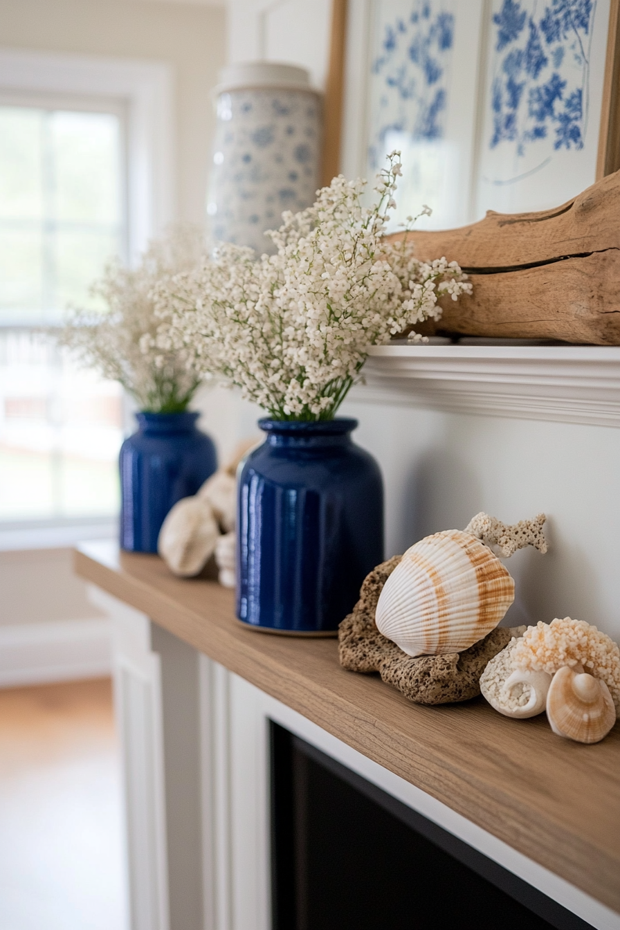 Beachy spring mantel with coastal decor