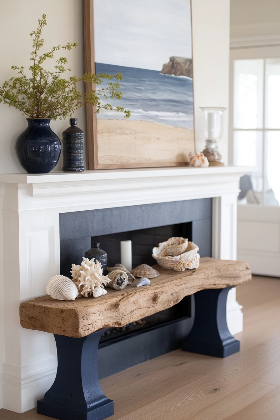 Woven baskets and nautical rope on beachy mantel