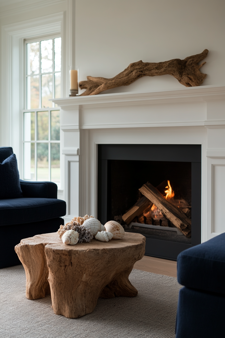Coastal art and driftwood mirror on beachy mantel