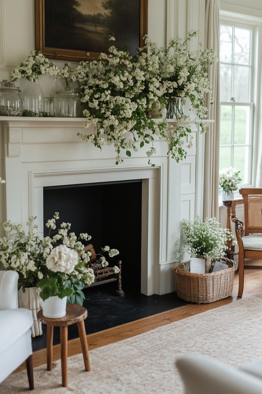 Botanical spring mantel with greenery and flowers