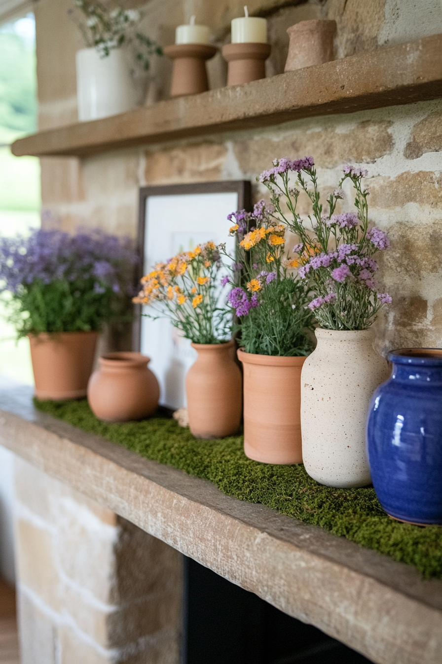 Terrariums and glass cloches on botanical mantel