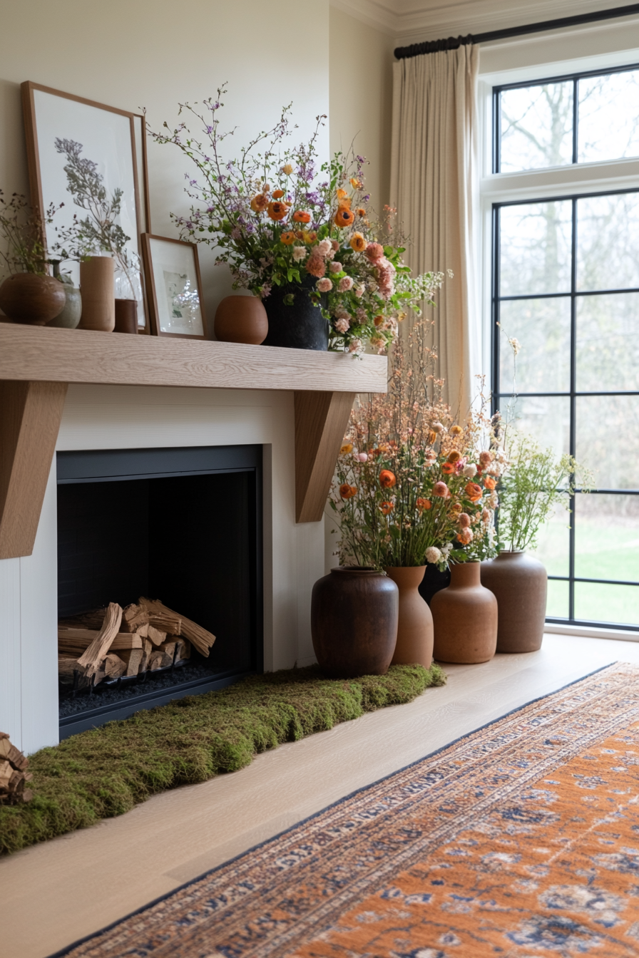 Moss and twine textures on botanical mantel