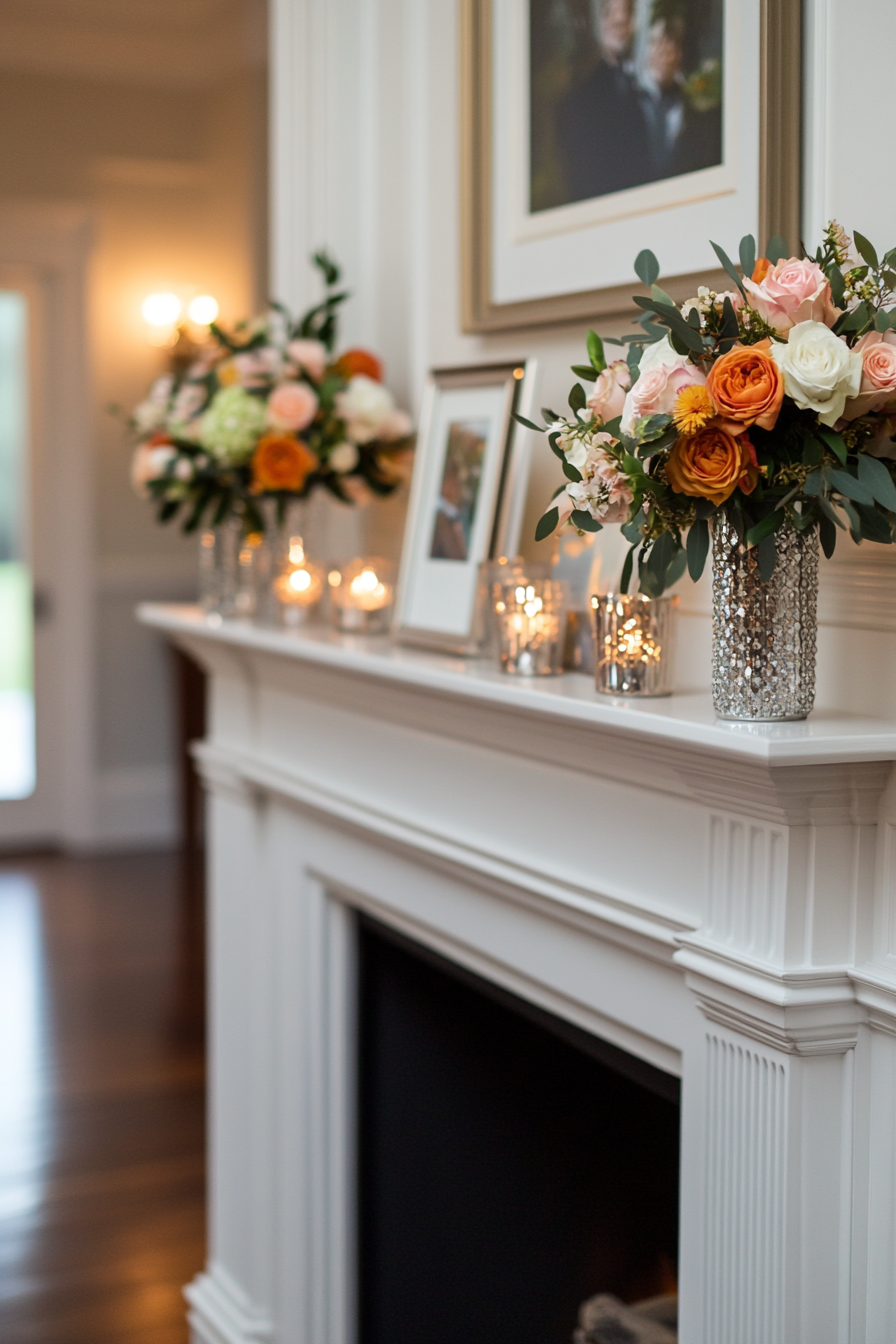 Elegant spring mantel with crystal and silver decor