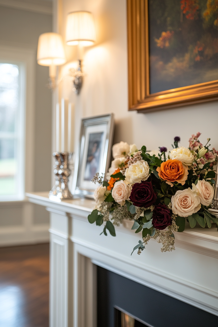Fresh flowers and metallic accents on elegant mantel