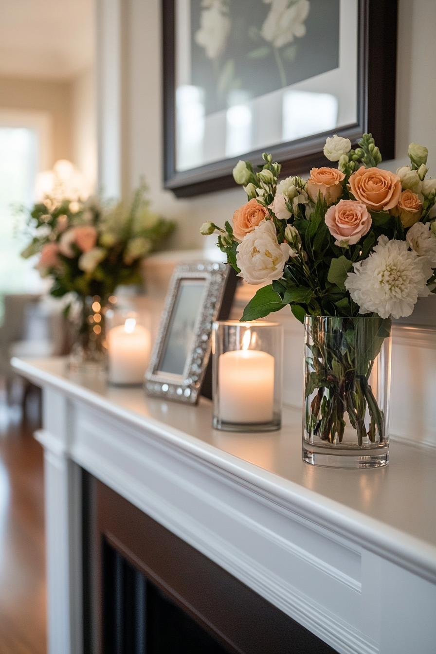 Ornate mirror and classic art on elegant mantel