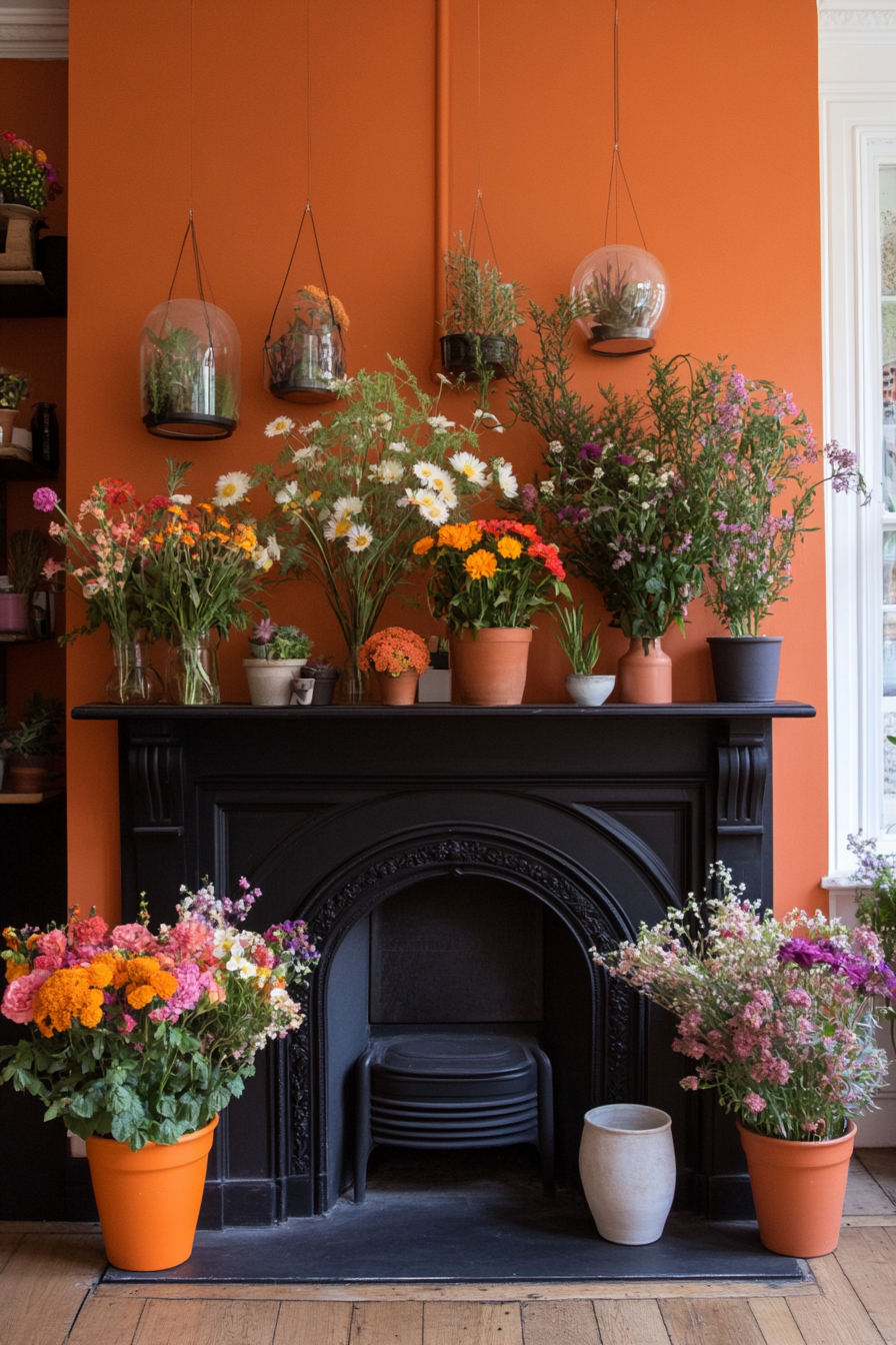 Bold colors and potted plants on whimsical mantel