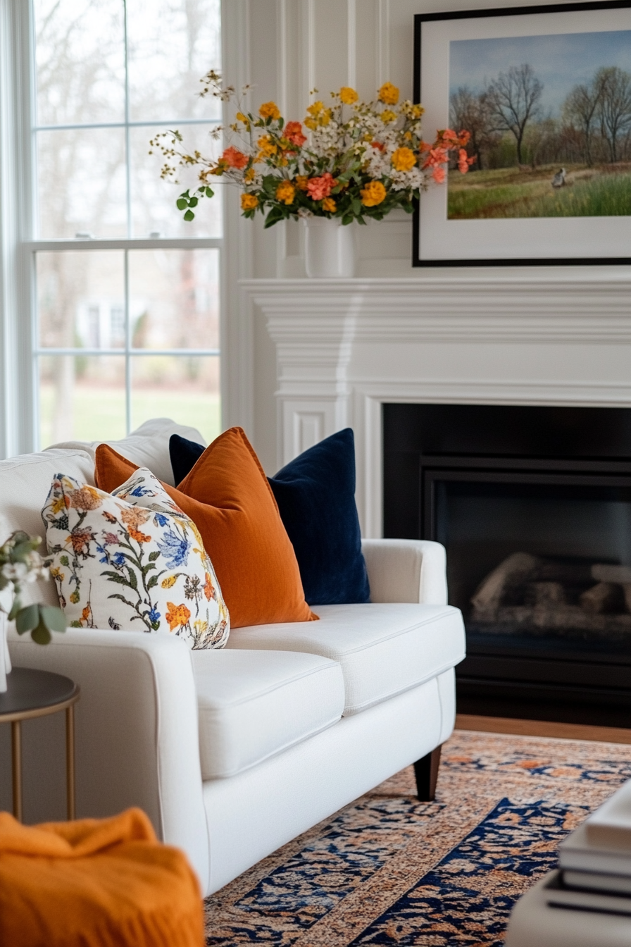Neutral elements balancing bright decor on mantel
