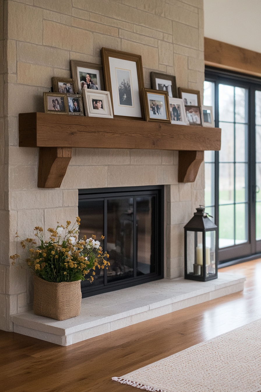 Candles and vintage frames on rustic mantel