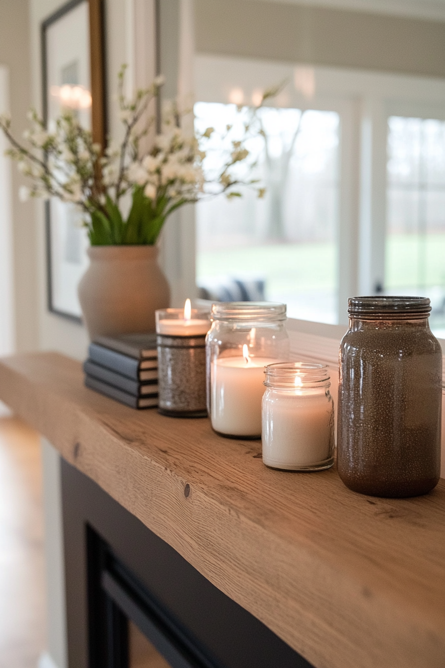 Antique books and metal lantern on rustic mantel