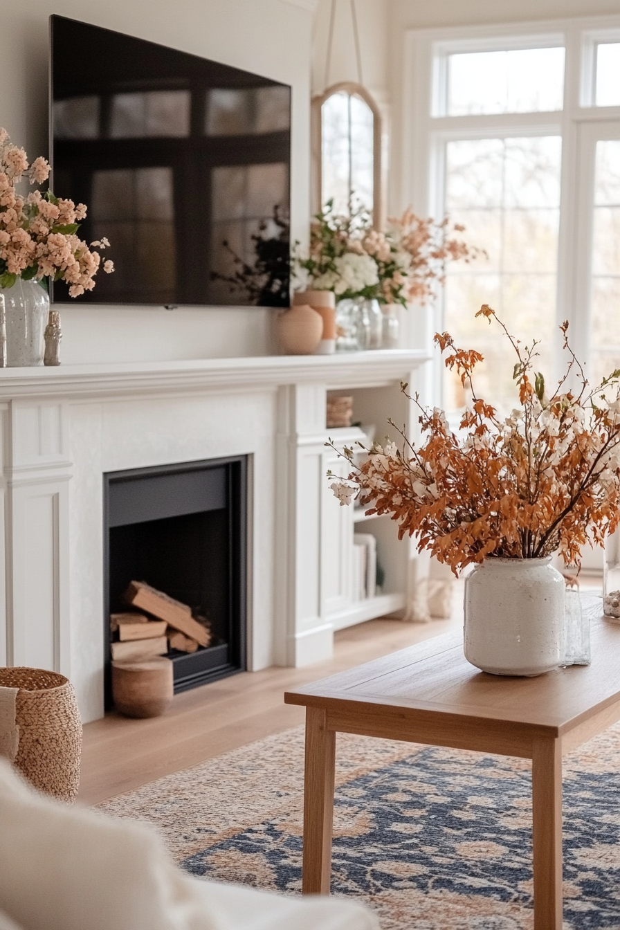 TV above mantel with symmetrical decor