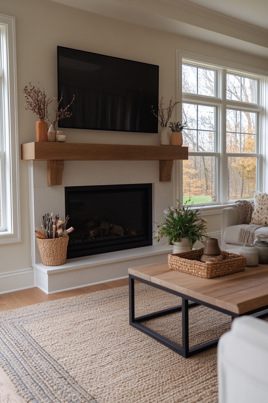 Floating shelves and floral decor around TV