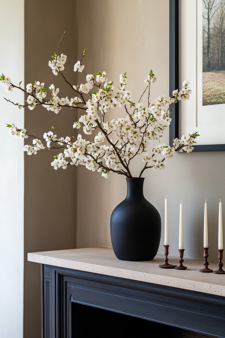 Minimalist vase with fresh flowers on mantel