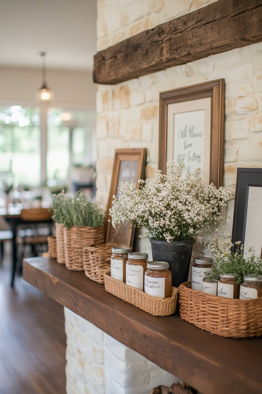 Farmhouse mantel with distressed wood and vintage decor