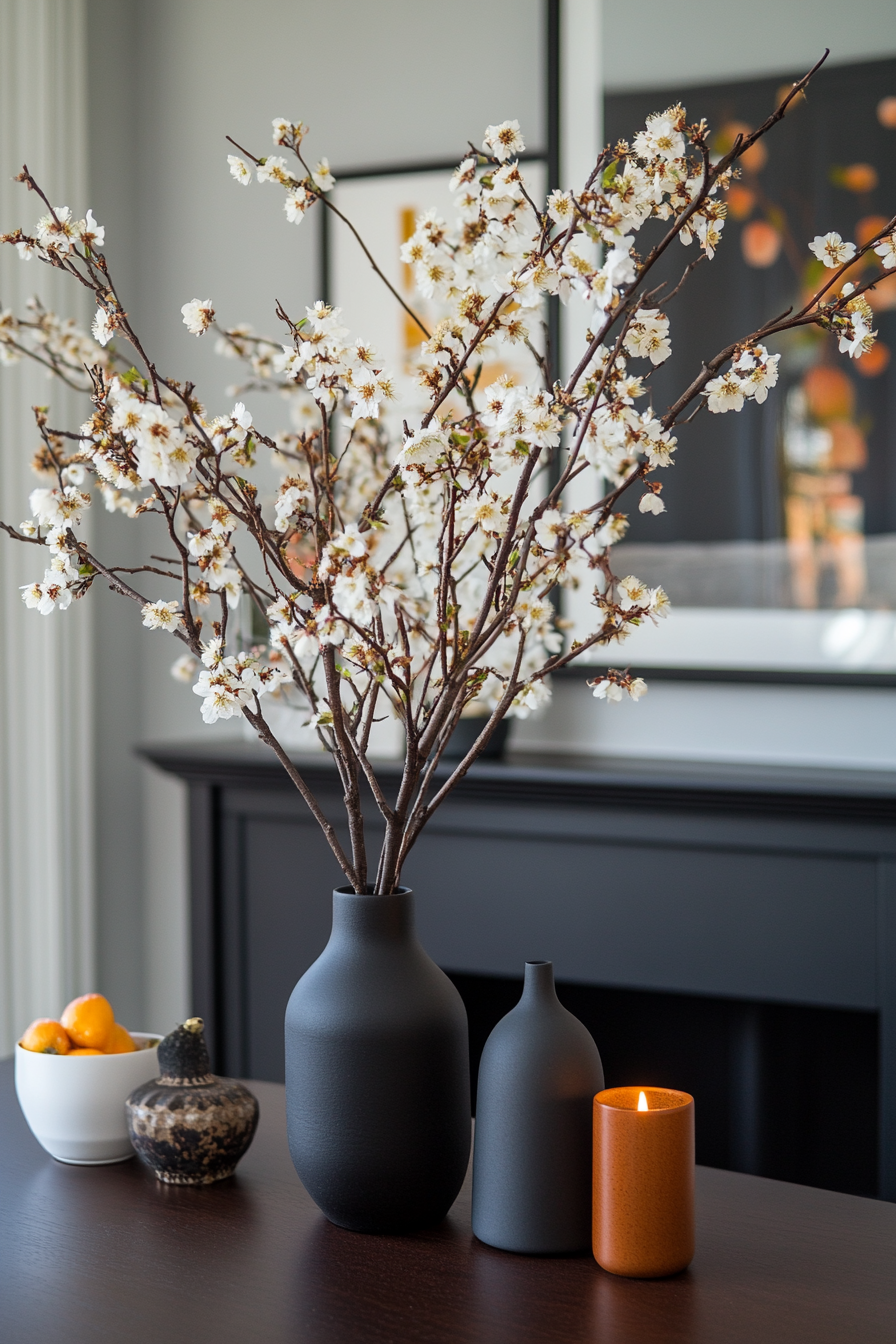 Modern minimalist mantel with geometric decor