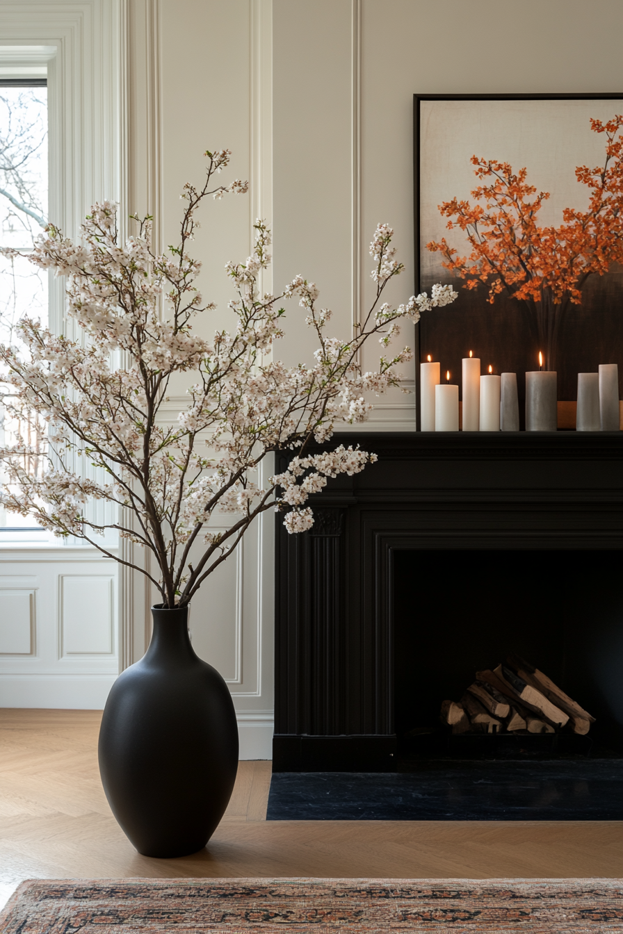 Abstract art and sleek planters on minimalist mantel