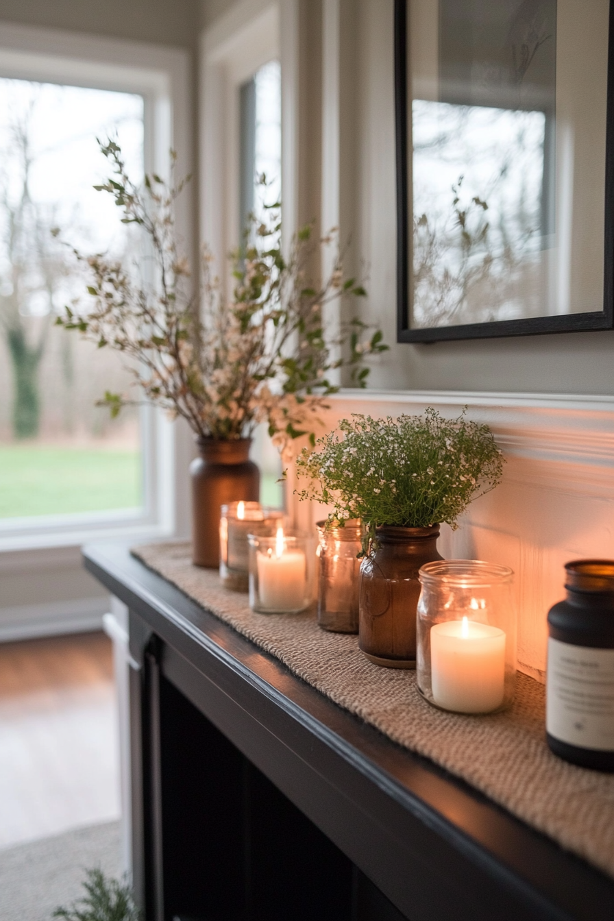 Thrift store finds and DIY crafts on mantel