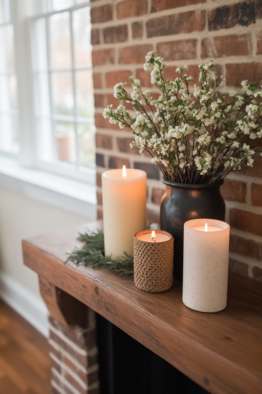 Candles and faux greenery on budget mantel