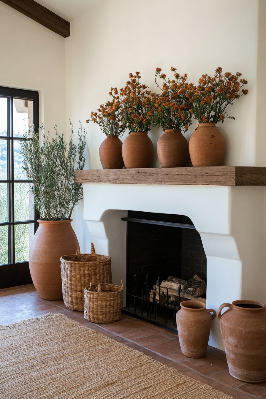 Tuscan-inspired mantel with terracotta and earthy tones