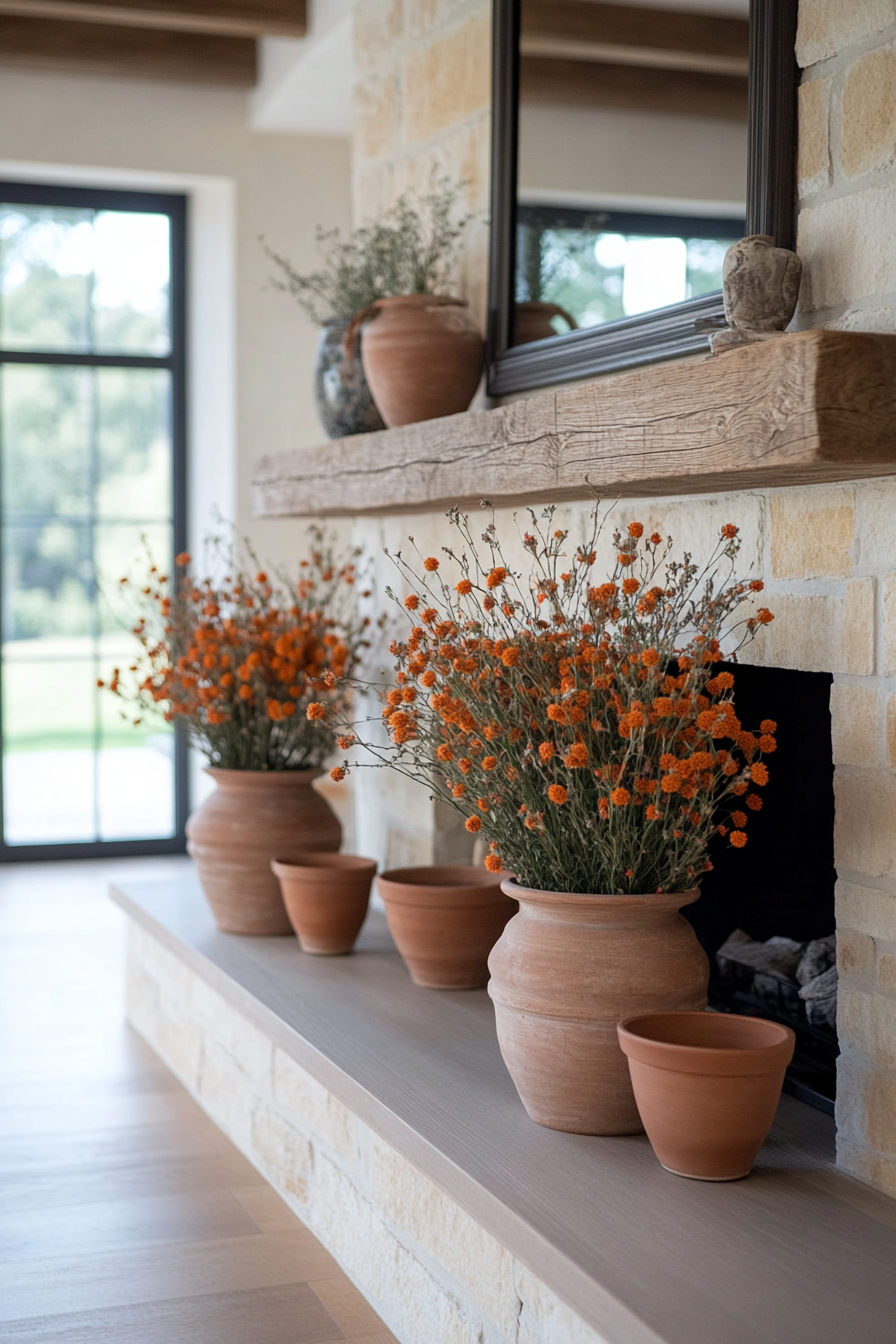 Burlap and woven baskets on Tuscan mantel