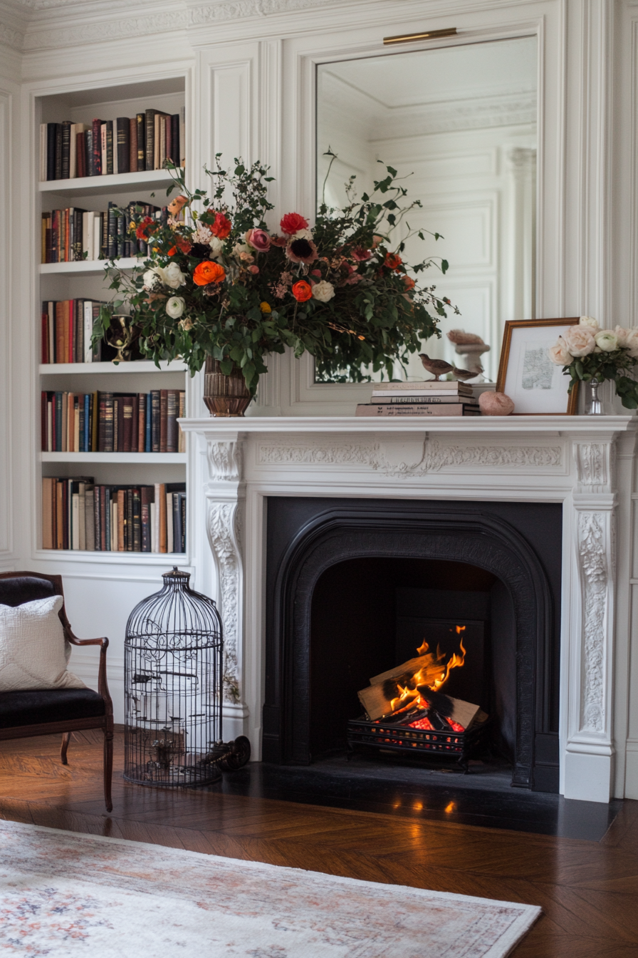 Lace and distressed wood on French country mantel