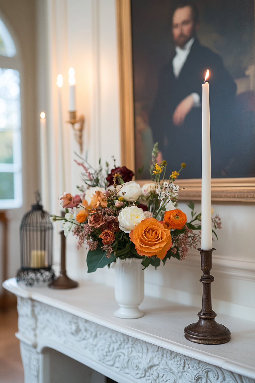Mirror and French art above country mantel
