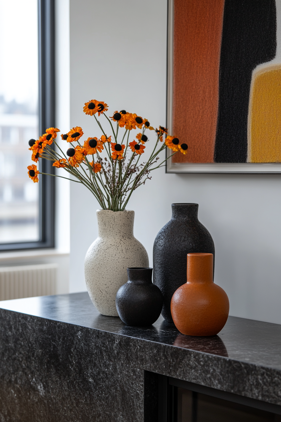 Avant-garde mantel with vibrant colors and unique decor