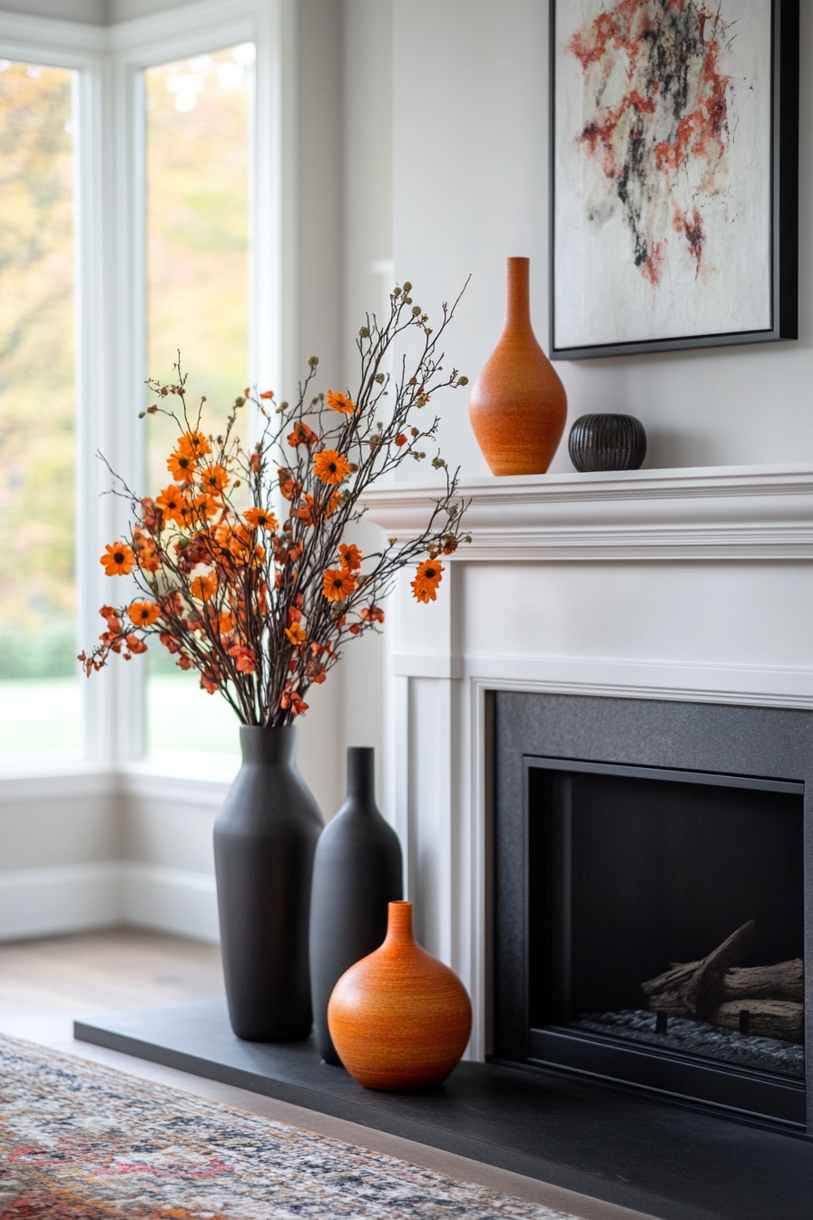 Geometric shapes and metallic accents on avant-garde mantel